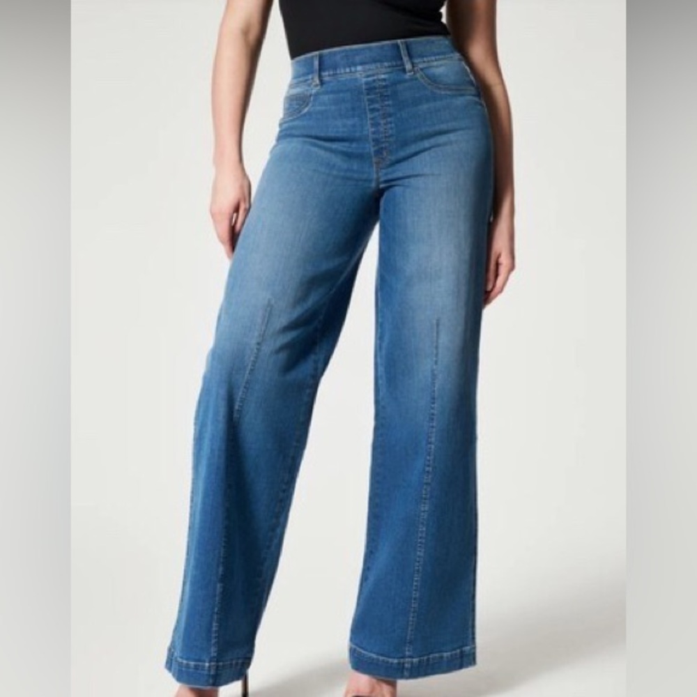 Spanx High Waisted Seamed Front Indigo wide leg denim jeans